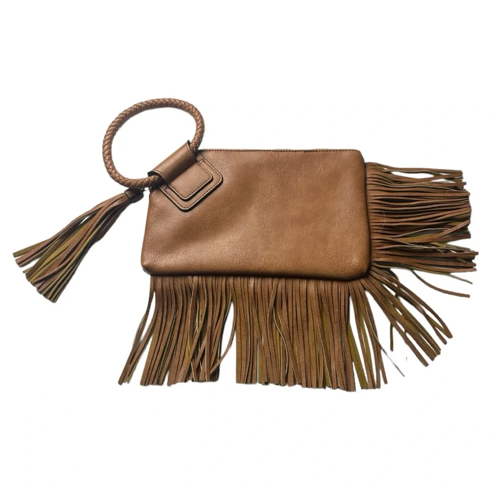 Clutch w/wrist MARKDOWN Strap Brown Fringe and Tassel NEW Measurements in Photos